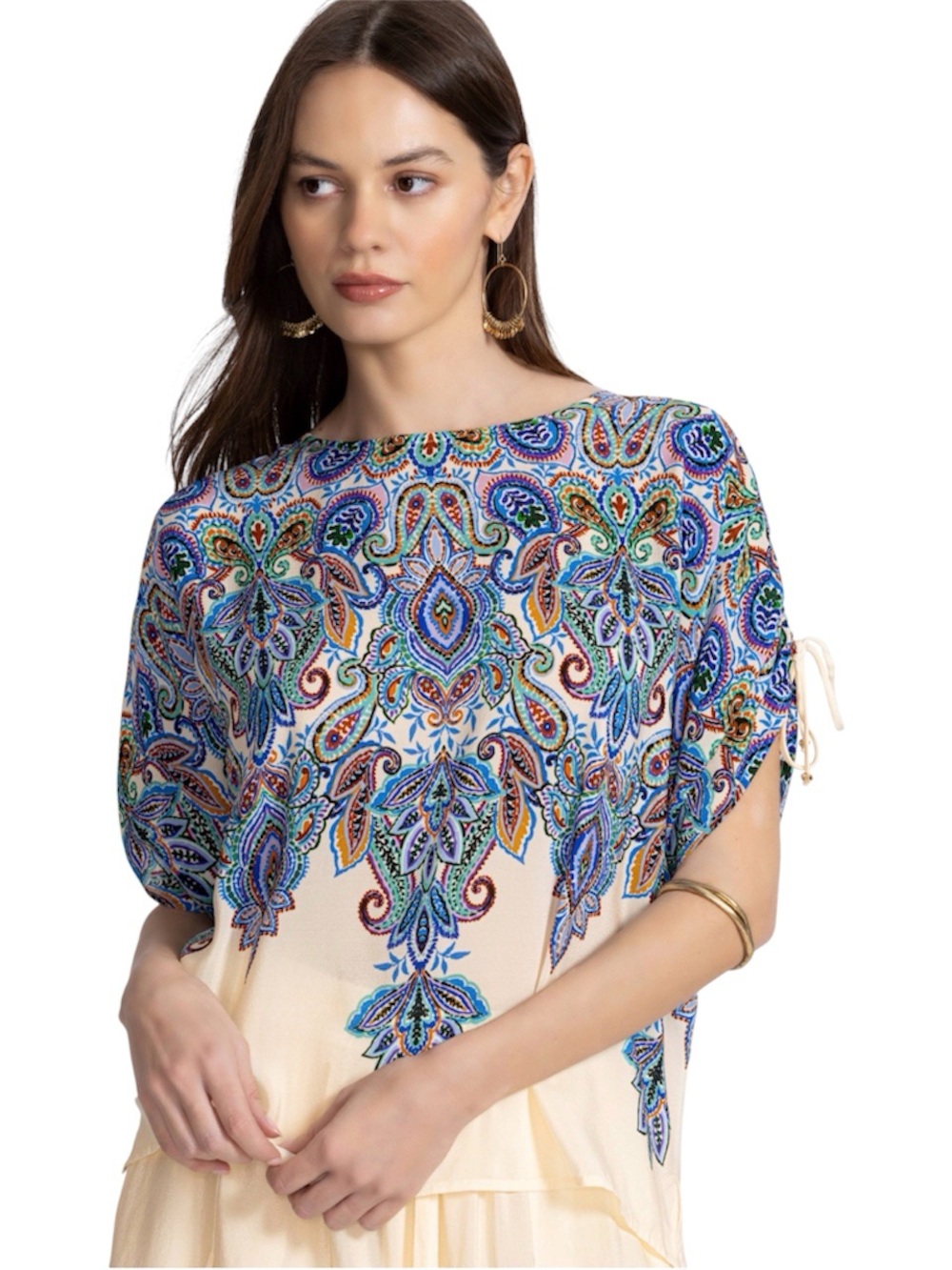 Johnny Was Multicolor Paisley Ruched Sleeve Blouse Top 100% Silk Boho Sz Medium